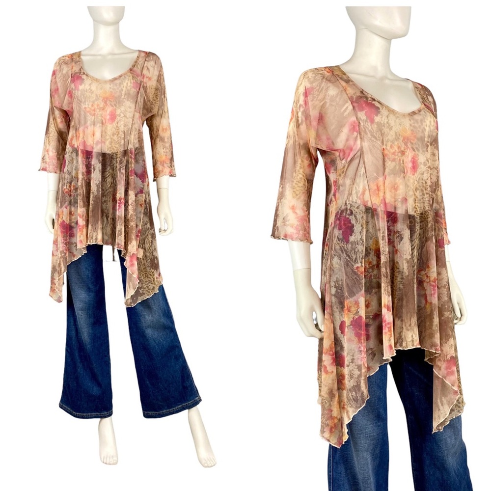 Vintage y2k sheer floral mesh asymmetrical long sleeve mini dress tunic top